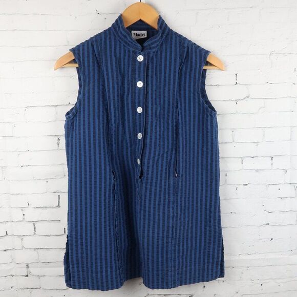 MADRI BLUE & BLACK STRIPE SLEEVELESS BUTTON DOWN TOP WITH NURSING ZIPPERS SIZE S - Picture 1 of 8